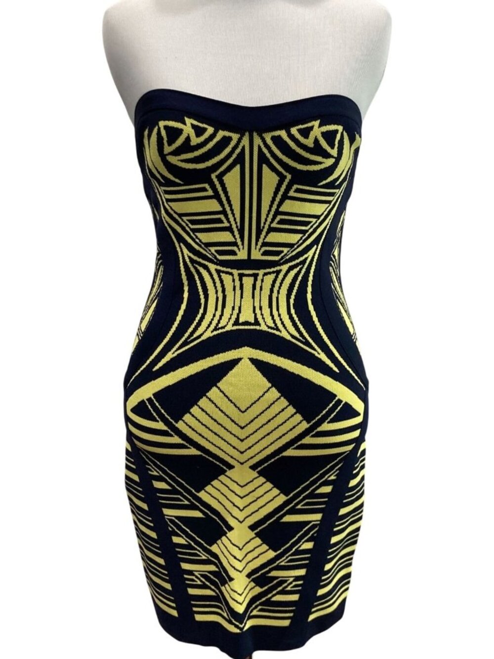Wow Couture Geometric Aztec Bandage Mini Dress M Navy Yellow Bodycon Clubwear
